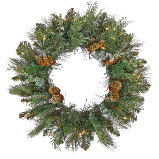 Discount National Tree Company First Traditions Collection, 30" Pre-Lit Artificial North Conway Wreath With Glittery Cones And Eucalyptus