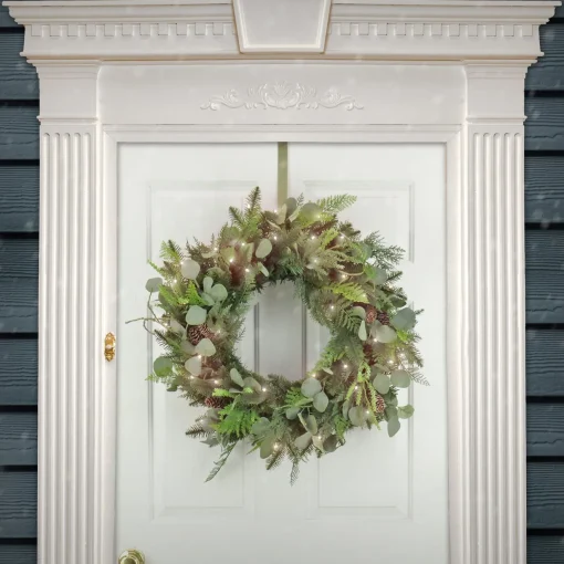 Discount National Tree Company First Traditions Collection, 30" Pre-Lit Artificial North Conway Wreath With Glittery Cones And Eucalyptus