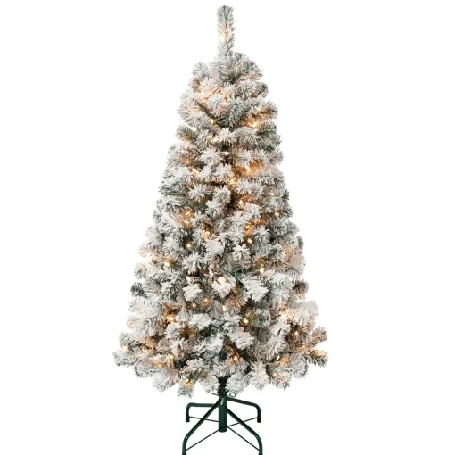 Fashion National Tree Company First Traditions Pre-Lit Acacia Flocked Tree Christmas Tree, Clear Incandescent Lights, Plug In, 4.5 Ft