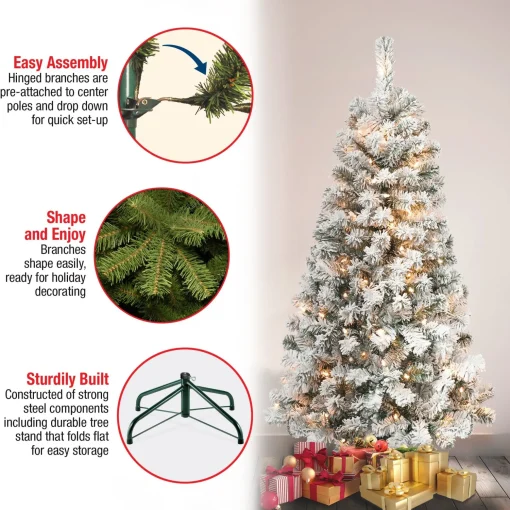 Fashion National Tree Company First Traditions Pre-Lit Acacia Flocked Tree Christmas Tree, Clear Incandescent Lights, Plug In, 4.5 Ft