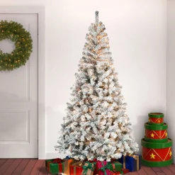 Sale National Tree Company First Traditions Pre-Lit Acacia Flocked Tree Christmas Tree, Clear Incandescent Lights, Plug In, 7.5 Ft