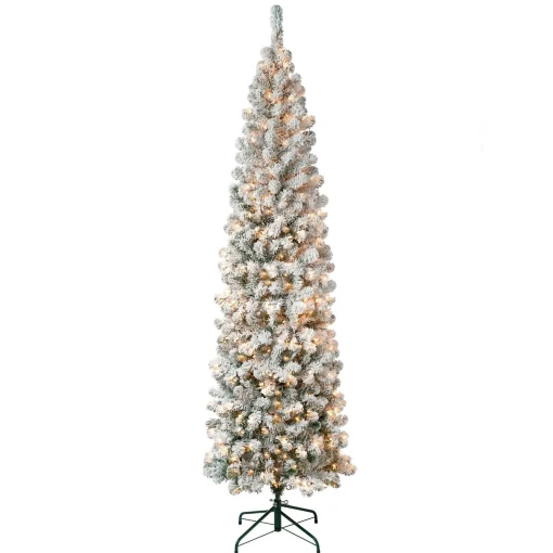 New National Tree Company First Traditions Pre-Lit Acacia Flocked Tree Slim Christmas Tree, Clear Incandescent Lights, Plug In, 7.5 Ft