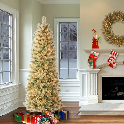 Store National Tree Company First Traditions Pre-Lit Arcadia Pine Cashmere Slim Christmas Tree, Clear Incandescent Lights, Plug In, 6 Ft