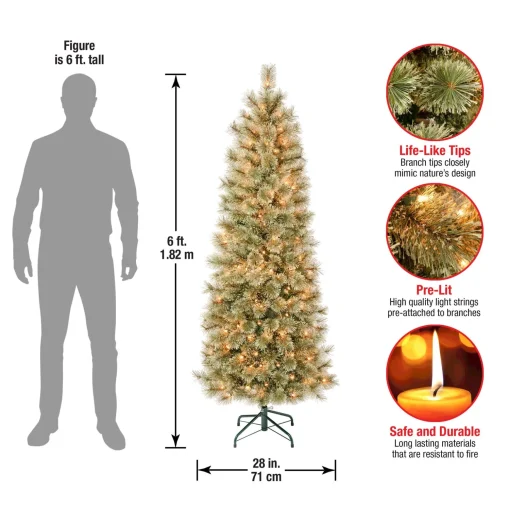 Store National Tree Company First Traditions Pre-Lit Arcadia Pine Cashmere Slim Christmas Tree, Clear Incandescent Lights, Plug In, 6 Ft
