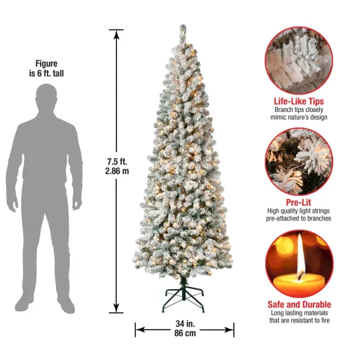 Store National Tree Company First Traditions Pre-Lit Acacia Flocked Tree Medium Christmas Tree, Clear Incandescent Lights, Plug In, 7.5 Ft