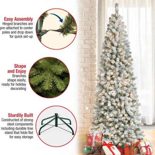 Store National Tree Company First Traditions Pre-Lit Acacia Flocked Tree Medium Christmas Tree, Clear Incandescent Lights, Plug In, 7.5 Ft