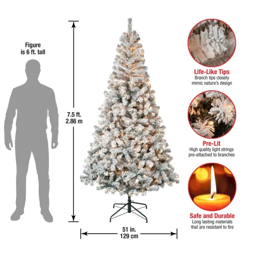 Best Sale National Tree Company First Traditions Pre-Lit Acacia Flocked Tree Christmas Tree, Clear Incandescent Lights, Plug In, 7.5 Ft