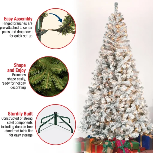 Best Sale National Tree Company First Traditions Pre-Lit Acacia Flocked Tree Christmas Tree, Clear Incandescent Lights, Plug In, 7.5 Ft