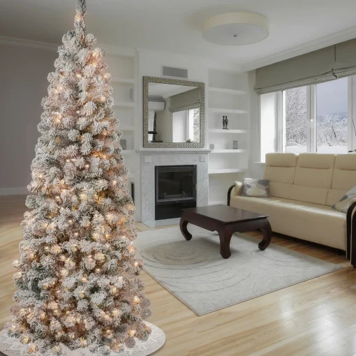 Cheap National Tree Company First Traditions Pre-Lit Acacia Flocked Tree Medium Christmas Tree, Clear Incandescent Lights, Plug In, 6 Ft