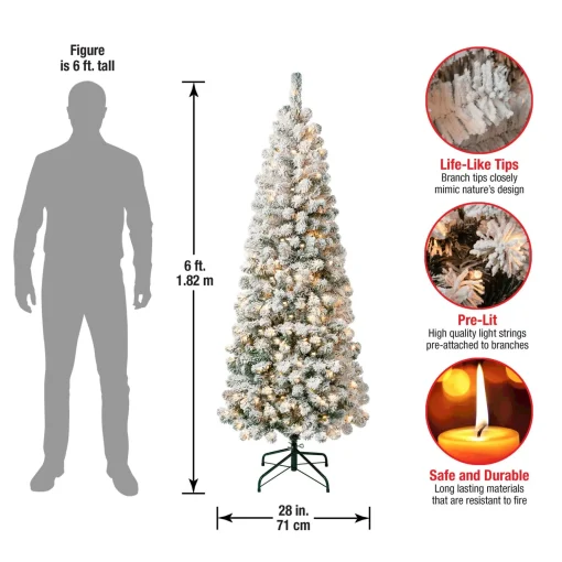Cheap National Tree Company First Traditions Pre-Lit Acacia Flocked Tree Medium Christmas Tree, Clear Incandescent Lights, Plug In, 6 Ft