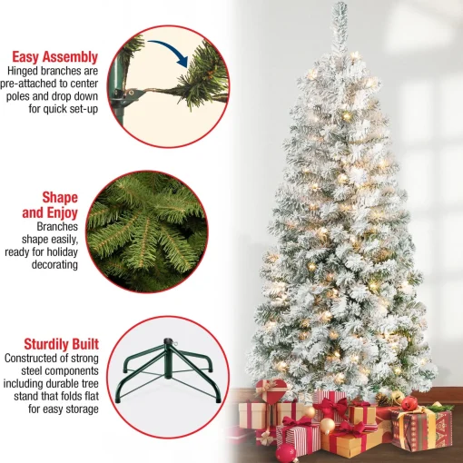 Cheap National Tree Company First Traditions Pre-Lit Acacia Flocked Tree Medium Christmas Tree, Clear Incandescent Lights, Plug In, 6 Ft