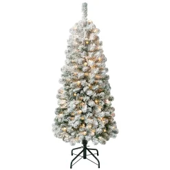 New National Tree Company First Traditions Pre-Lit Acacia Flocked Tree Medium Christmas Tree, Clear Incandescent Lights, Plug In, 4.5 Ft