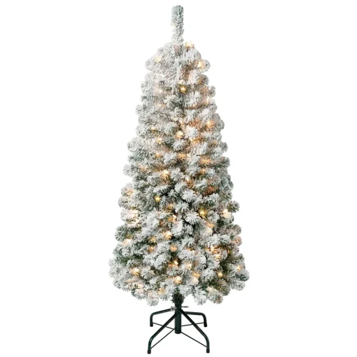 New National Tree Company First Traditions Pre-Lit Acacia Flocked Tree Medium Christmas Tree, Clear Incandescent Lights, Plug In, 4.5 Ft