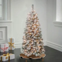 New National Tree Company First Traditions Pre-Lit Acacia Flocked Tree Medium Christmas Tree, Clear Incandescent Lights, Plug In, 4.5 Ft