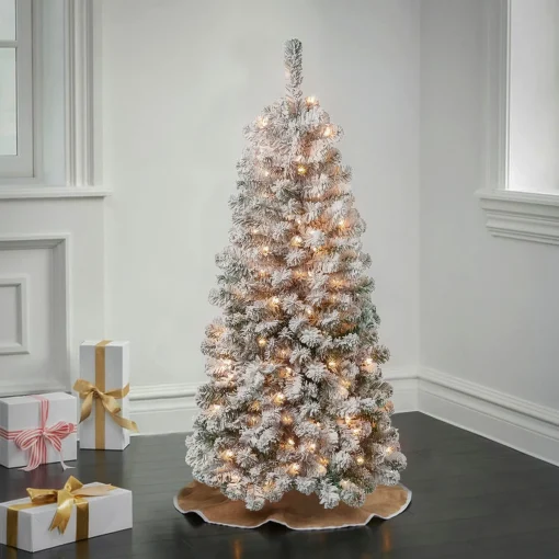 New National Tree Company First Traditions Pre-Lit Acacia Flocked Tree Medium Christmas Tree, Clear Incandescent Lights, Plug In, 4.5 Ft