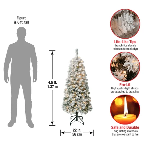 New National Tree Company First Traditions Pre-Lit Acacia Flocked Tree Medium Christmas Tree, Clear Incandescent Lights, Plug In, 4.5 Ft