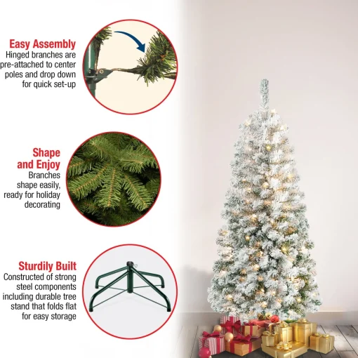 New National Tree Company First Traditions Pre-Lit Acacia Flocked Tree Medium Christmas Tree, Clear Incandescent Lights, Plug In, 4.5 Ft