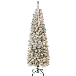 Clearance National Tree Company First Traditions Pre-Lit Acacia Flocked Tree Slim Christmas Tree, Clear Incandescent Lights, Plug In, 6 Ft