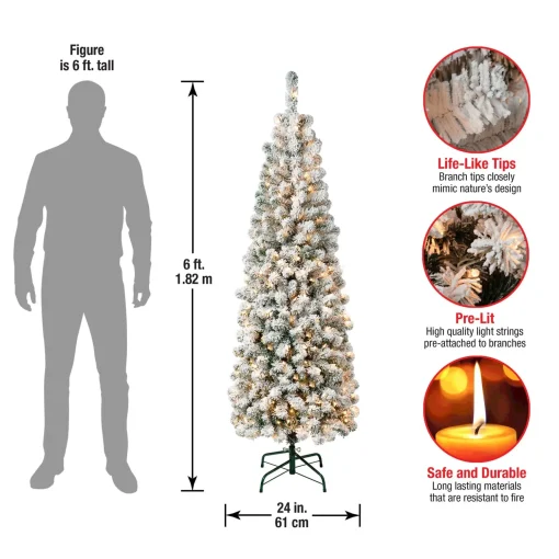 Clearance National Tree Company First Traditions Pre-Lit Acacia Flocked Tree Slim Christmas Tree, Clear Incandescent Lights, Plug In, 6 Ft