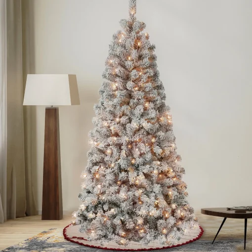 Cheap National Tree Company First Traditions Pre-Lit Acacia Flocked Tree Christmas Tree, Clear Incandescent Lights, Plug In, 6 Ft
