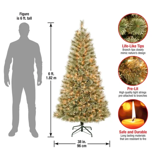 New National Tree Company First Traditions Pre-Lit Arcadia Pine Cashmere Christmas Tree, Clear Incandescent Lights, Plug In, 6 Ft