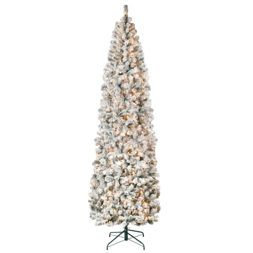 First Traditions Pre-Lit Acacia Flocked Tree Slim Christmas Tree, Clear Incandescent Lights, Plug In, 9 Ft^National Tree Company Sale