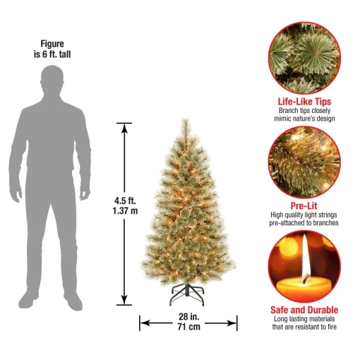 New National Tree Company First Traditions Pre-Lit Arcadia Pine Cashmere Christmas Tree, Clear Incandescent Lights, Plug In, 4.5 Ft