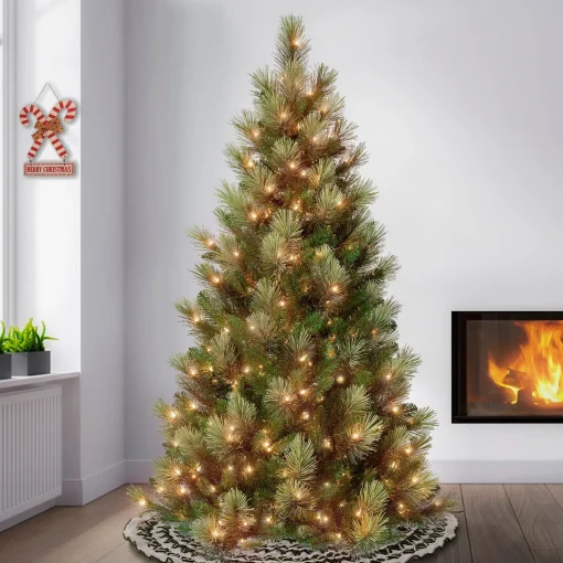 Cheap National Tree Company First Traditions Pre-Lit Charleston Pine Snowy Slim Christmas Tree, Clear Incandescent Lights, Plug In, 6 Ft