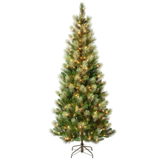 Store National Tree Company First Traditions Pre-Lit Charleston Pine Snowy Slim Christmas Tree, Clear Incandescent Lights, Plug In, 7.5 Ft