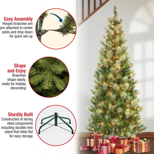 Store National Tree Company First Traditions Pre-Lit Charleston Pine Snowy Slim Christmas Tree, Clear Incandescent Lights, Plug In, 7.5 Ft