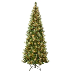 Clearance National Tree Company First Traditions Pre-Lit Charleston Pine Snowy Slim Christmas Tree, Clear Incandescent Lights, Plug In, 9 Ft