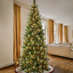 Clearance National Tree Company First Traditions Pre-Lit Charleston Pine Snowy Slim Christmas Tree, Clear Incandescent Lights, Plug In, 9 Ft