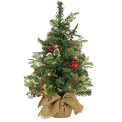 New National Tree Company First Traditions Pre-Lit Mini Christmas Tree With Holly Leaves, Red Berries And Pinecones, Warm White Led Lights, Battery Operated, 24 In