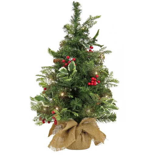 New National Tree Company First Traditions Pre-Lit Mini Christmas Tree With Holly Leaves, Red Berries And Pinecones, Warm White Led Lights, Battery Operated, 24 In