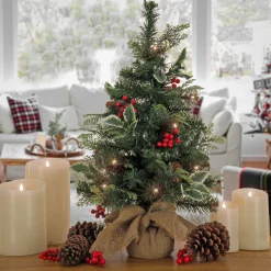 New National Tree Company First Traditions Pre-Lit Mini Christmas Tree With Holly Leaves, Red Berries And Pinecones, Warm White Led Lights, Battery Operated, 24 In