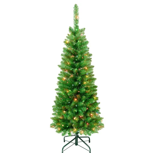 First Traditions Pre-Lit Rowan Pencil Slim Christmas Tree, Multicolor Incandescent Lights, Plug In, 4.5 Ft^National Tree Company Clearance