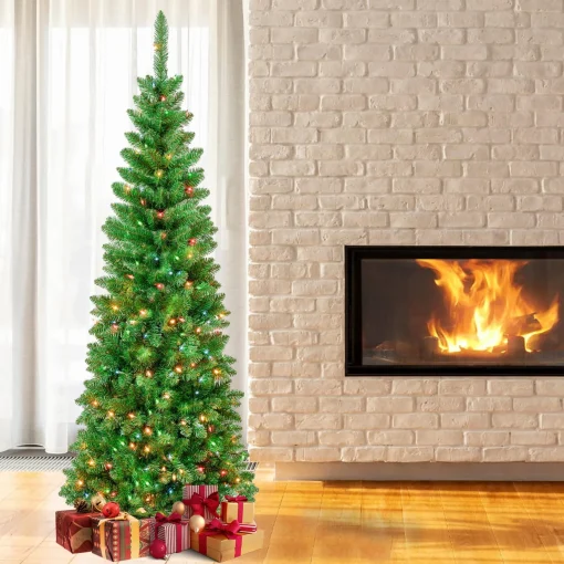 Best Sale National Tree Company First Traditions Pre-Lit Rowan Pencil Slim Christmas Tree, Multicolor Incandescent Lights, Plug In, 7.5 Ft