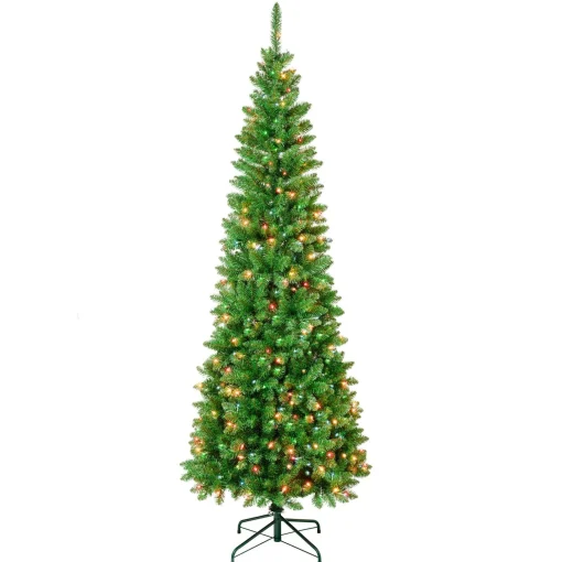 Sale National Tree Company First Traditions Pre-Lit Rowan Pencil Slim Christmas Tree, Multicolor Incandescent Lights, Plug In, 7.5 Ft
