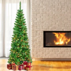 Sale National Tree Company First Traditions Pre-Lit Rowan Pencil Slim Christmas Tree, Multicolor Incandescent Lights, Plug In, 7.5 Ft