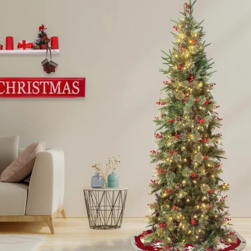 Flash Sale National Tree Company First Traditions Pre-Lit Virginia Blue Pine Slim Christmas Tree With Hinged Branches, Warm White Led Lights, Plug In, 7.5 Ft