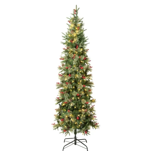 Best Sale National Tree Company First Traditions Pre-Lit Virginia Blue Pine Slim Christmas Tree With Hinged Branches, Warm White Led Lights, Plug In, 7.5 Ft