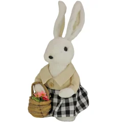 Best National Tree Company Fluffy Female Bunny Table Decoration, Soft Straw Fibers With Foam Base, Dressed In Buttoned Shirt, Skirt, Basket, Easter Collection, 12 Inches