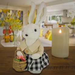 Best National Tree Company Fluffy Female Bunny Table Decoration, Soft Straw Fibers With Foam Base, Dressed In Buttoned Shirt, Skirt, Basket, Easter Collection, 12 Inches