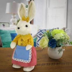 Cheap National Tree Company Fluffy Female Bunny Table Decoration, Soft Straw Fibers With Foam Base, Dressed In Buttoned Shirt, Apron Skirt, Basket, Easter Collection, 14 Inches
