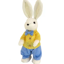 Best National Tree Company Fluffy Male Bunny Table Decoration, Soft Straw Fibers With Foam Base, Dressed In Buttoned Checkered Shirt, Pants, Bowtie, Easter Collection, 14 Inches