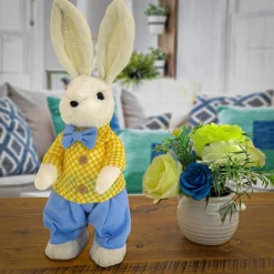 Best National Tree Company Fluffy Male Bunny Table Decoration, Soft Straw Fibers With Foam Base, Dressed In Buttoned Checkered Shirt, Pants, Bowtie, Easter Collection, 14 Inches