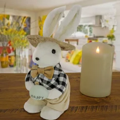 Fashion National Tree Company Fluffy Male Bunny Table Decoration, Soft Straw Fibers With Foam Base, Dressed In Buttoned Shirt, Pants, Hat, Bowtie, Easter Collection, 12 Inches