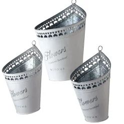 New National Tree Company Garden Flower Planters, Pack Of 3 White Tin 'Flower' Pots, Features Hanging Loops, Spring Collection, Varying Sizes