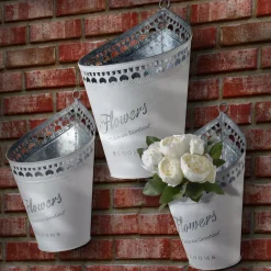 New National Tree Company Garden Flower Planters, Pack Of 3 White Tin 'Flower' Pots, Features Hanging Loops, Spring Collection, Varying Sizes