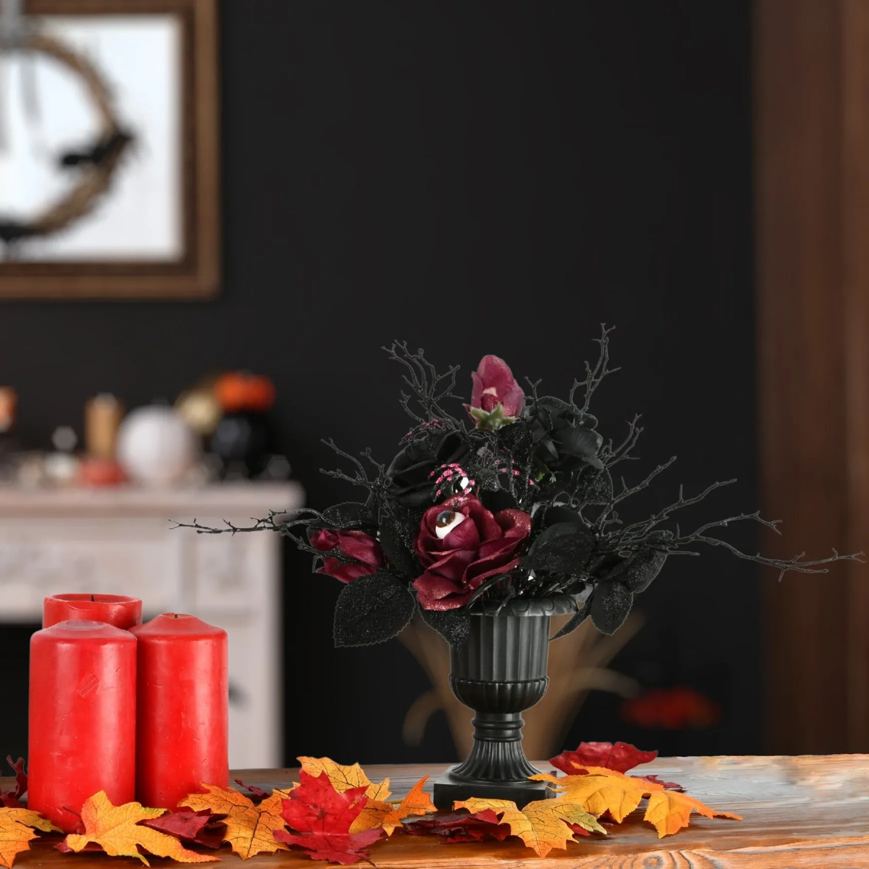 Discount National Tree Company Halloween Artificial Plant Decoration, Black, Decorated With Roses, Flowers, Includes Black Urn, 18 Inches